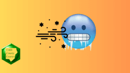 A graphic of a round face with teeth chattering and icicles hanging below as wind blows. Cobb County Courier logo in lower left corner