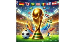 An image of a soccer field with the World Cup trophy in the foreground
