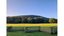 a view of Kennesaw Mountain past a wooden fence