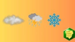 Drawings of fog, thunderstorm and an ice crystal