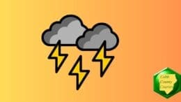 Cartoon-like drawing of two thunderclouds and three lightning bolts, gray and yellow on a light orange background
