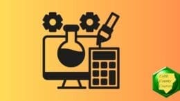 Gears, a beaker, computer terminal, calculator, and artist's brush, representing STEAM education