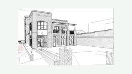 Renderings of restored Whistle Stop building and the plaza with Dry County Taproom on the right.