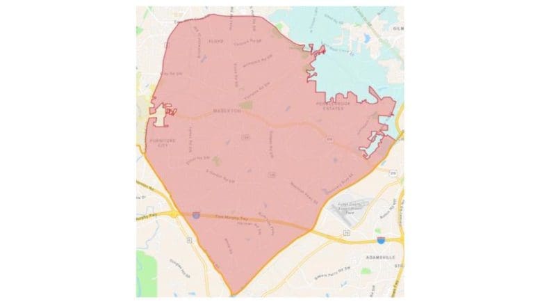 Map of South Cobb Redevelopment Authority boundaries running from Smyrna to the southern tip of the county