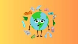 a sad looking globe surrounded by trash and pollutants