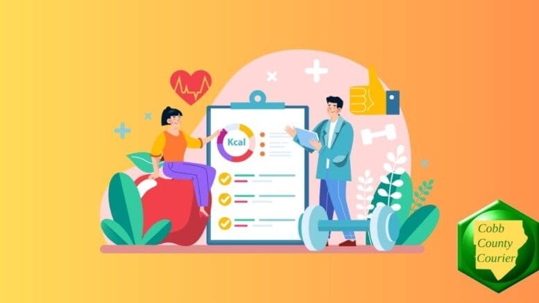A man and a woman surrounded by several images relating health concerns (a heart with a graph), a dumbell, and a calorie checklist