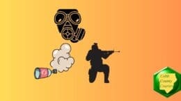 Images of a teargas cannister emitting smoke, a gas mask, and of a person kneeling, shooting