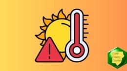 Drawing of a sun, a thermometer, and a triangular alert symbol