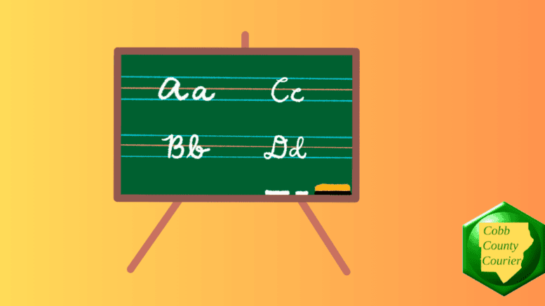 Drawing of a classroom board with cursive script written on it